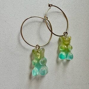 Gold Hoop Earrings with Green and Blue Bear Charms
